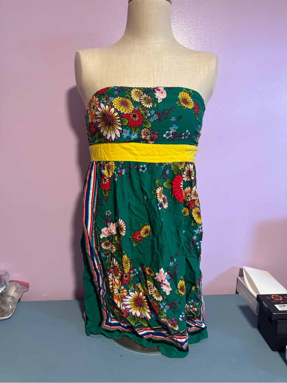 Twenty Strapless Floral Dress in Green with Yellow Band